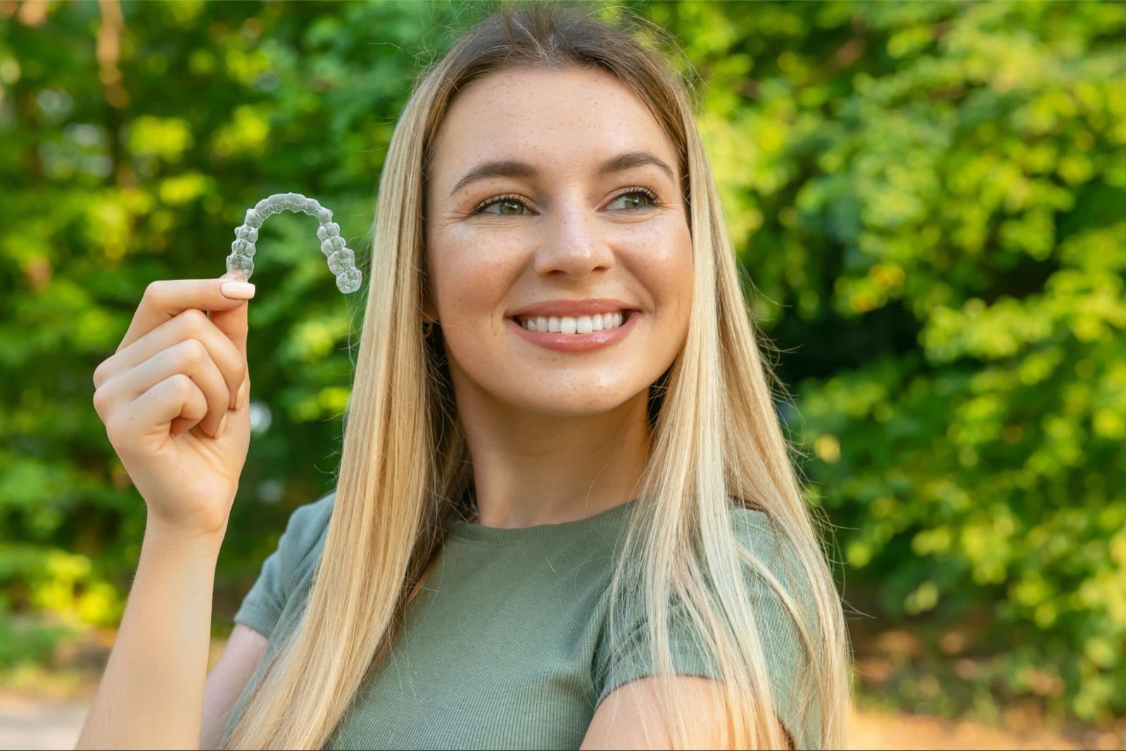 Woman holding her clear aligner outdoors